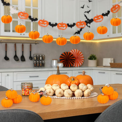 Maysing 24 Pcs Thanksgiving Tree Pumpkin Hanging Ornament Mini Artificial Velvet Pumpkin Ball DIY Orange Decoration Crafts for Friendsgiving Fall Harvest Autumn Party Farmhouse Decor(Orange)