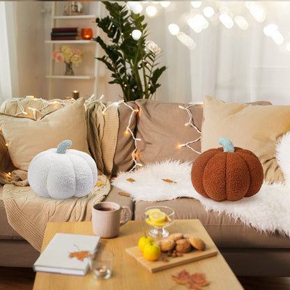 Kajaia 2 Pcs Simulated Pumpkin Plush Pillow 11 x 9.5 Inch 3D Cushion Fall Decorations Stuffed Throw Pillows Toy for Fall Halloween Thanksgiving Bedroom Sofa Couch Supplies (White,Brown)