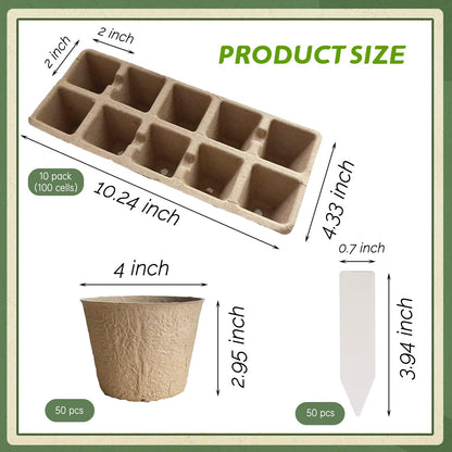 YEIHHEIY 200 pcs Seed Starter Pots Kits Include 50pcs 4 Inch Peat Pots with Drainage Holes 100 Cells 2 Inch Seedling Starter Trays and 50 Pcs Plant Labels Outdoor Garden Germination Nursery Pots