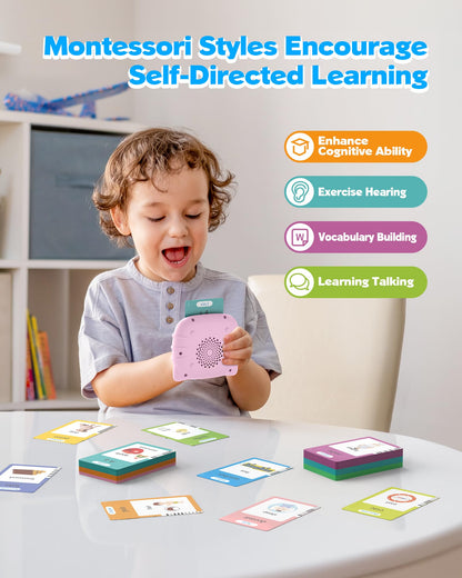 Airbition Bilingual Pink Spanish and English Talking Flash Cards, Pocket Speech Therapy Toy with 510 Words, Montessori Language Learning Toy, Children's Sensory Learning Kits