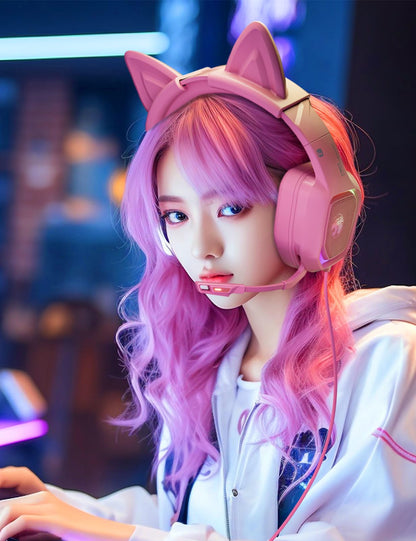 ZIUMIER Gaming Headset with Detachable Cat Ears, Compatible with PS4 PS5 Xbox One PC Laptop, Over-Ear Headphones with LED Light, Noise Canceling Mic, Stereo Surround Sound (Pink Cat)