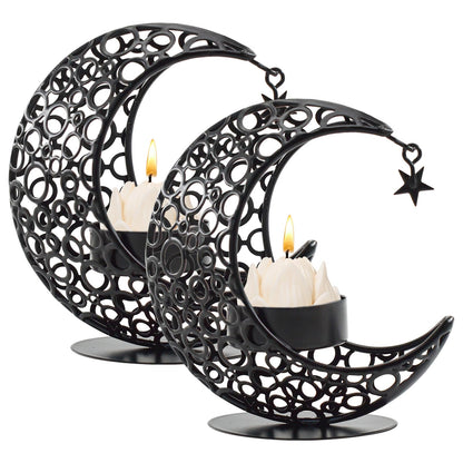 MrMrKura Moon Candle Holders Set of 2, Metal Tealight Candle Holder for Table Centerpiece Decorative Votive Candlesticks Holder for Party Home Decor (Black)