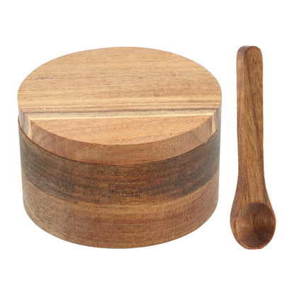 Restynic Wood Salt & Pepper Bowl with Magnetic Swivel Lid - Built-in Spoon, Natural Wood Grain, for Kitchen Spice Storage or Gifting(COLOR:Two Compartment)