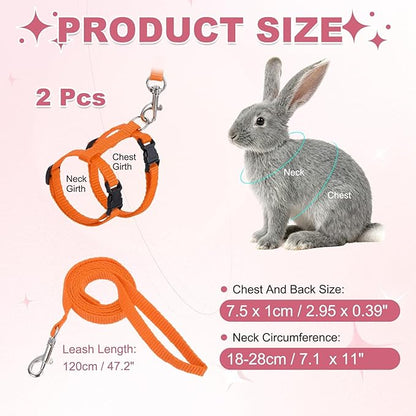 Rabbit Harness and Leash, Escape Proof Bunny Cat Leash Small Animal Harness Soft Adjustable Buckle(2Pcs, Orange) for Bunny Kitten Cats Puppies Walking Hiking Training