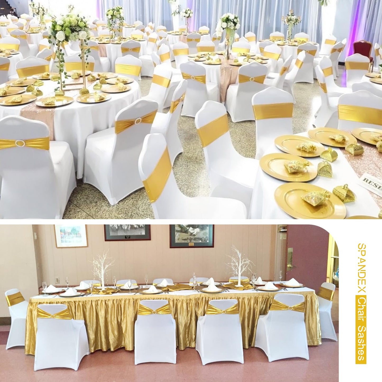 100 PCS Spandex Chair Sashes Bows Premium Stretch Chair Cover Band with Buckle Slider Universal Elastic Chair Ties for Wedding Party Ceremony Events Reception Banquet Decoration (Metallic Gold)