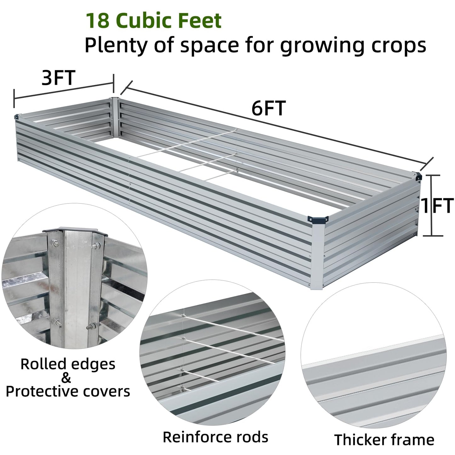 Meberam 2 Pack 6x3x1FT Galvanized Raised Garden Bed Kit, Outdoor Metal Planter Box for Vegetables, Bottomless Rectangular Gardening Bed with Support Rods, Tool-Free Assembly, Silver