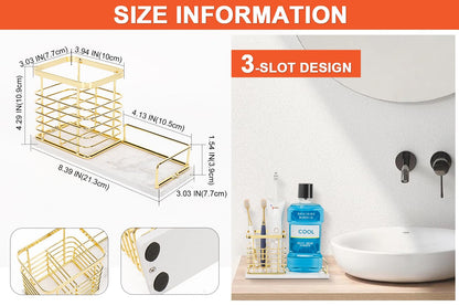 HarJue Toothbrush Holder, Luxurious Metal Toothbrush Toothpaste Holder with Marble Base for Bathroom, Multi-Slots Openwork Design, Bathroom Accessory for Storage and Organizer (Large, Gold)