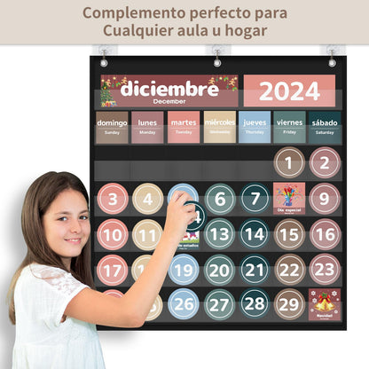 Monthly Calendar Pocket Chart for Classroom, Printed Days of The Week with Cards, Learning for Home or Kindergarten, Teacher Must Have Supplies That Fits Any School Décor (Spanish Black)