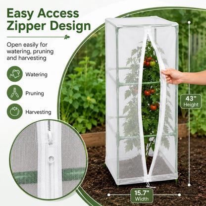 Halatool Garden Tomato Plant Cover Netting, Fits 40–50" Tall Square Tomato Cages, Garden Bird Netting with Zipper & Drawstring, Insect Barrier, Plant Covers from Insects Animals, 4 Pack, 43"×15.7"