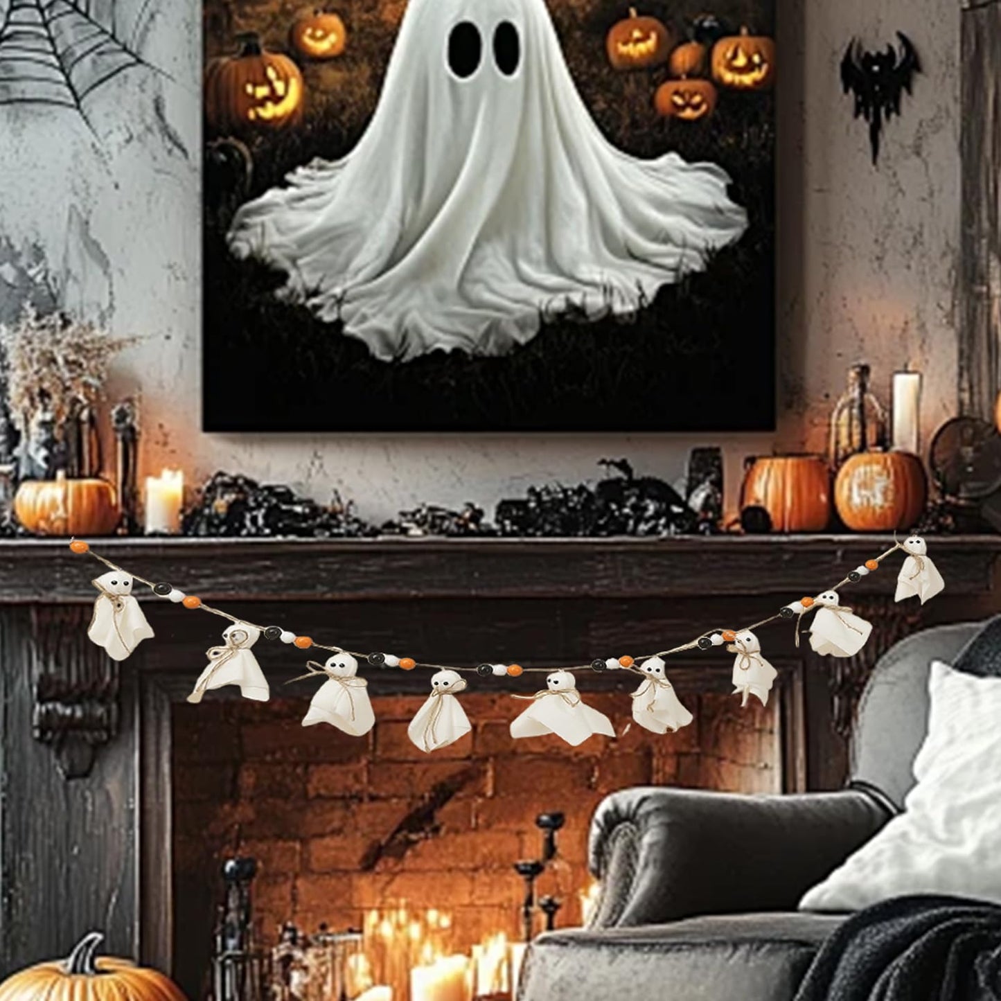 7Ft Halloween Banner Garland with Ghosts & Wooden Beads, Rustic Ghost Banner Hanging Ghost Garlands for Wall Home Indoor Outdoor Fall Decor Supplies(Black)