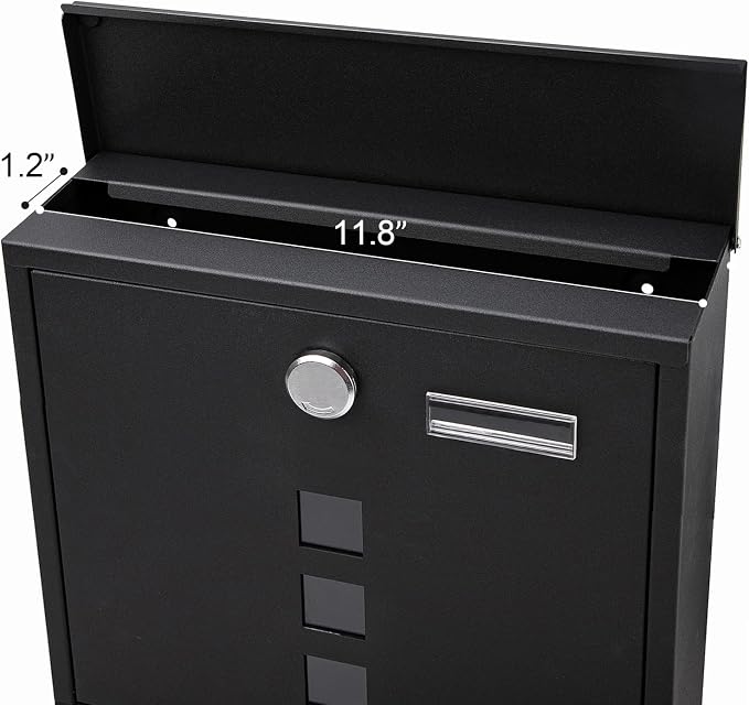 Jssmst Locking Mailbox Wall Mount, Black Mailboxes with Secure Key Lock and Newspaper Compartment, Key Lock Drop Box Large Capacity with Galvanized Cover and Rust-Proof Metal Mailbox, HPB2210 Black