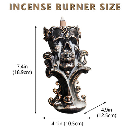 Comeon Backflow Incense Holder Burner Resin Skull Incense Burner Waterfall Incense Burner Home Decor + 20 Backflow Incense Cones + 30 Incense Sticks +1 Tweezer +1 Mat（Metallic Gold）