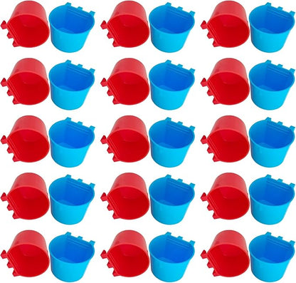 30 Pcs Cage Cups Birds Feeders Bowl Chicken Feeding Watering Dish Hanging Wire Cages Box Coop Cups for Pet Parrot Parakeet Gamefowl Poultry Pigeon and Quail（Blue and Red）