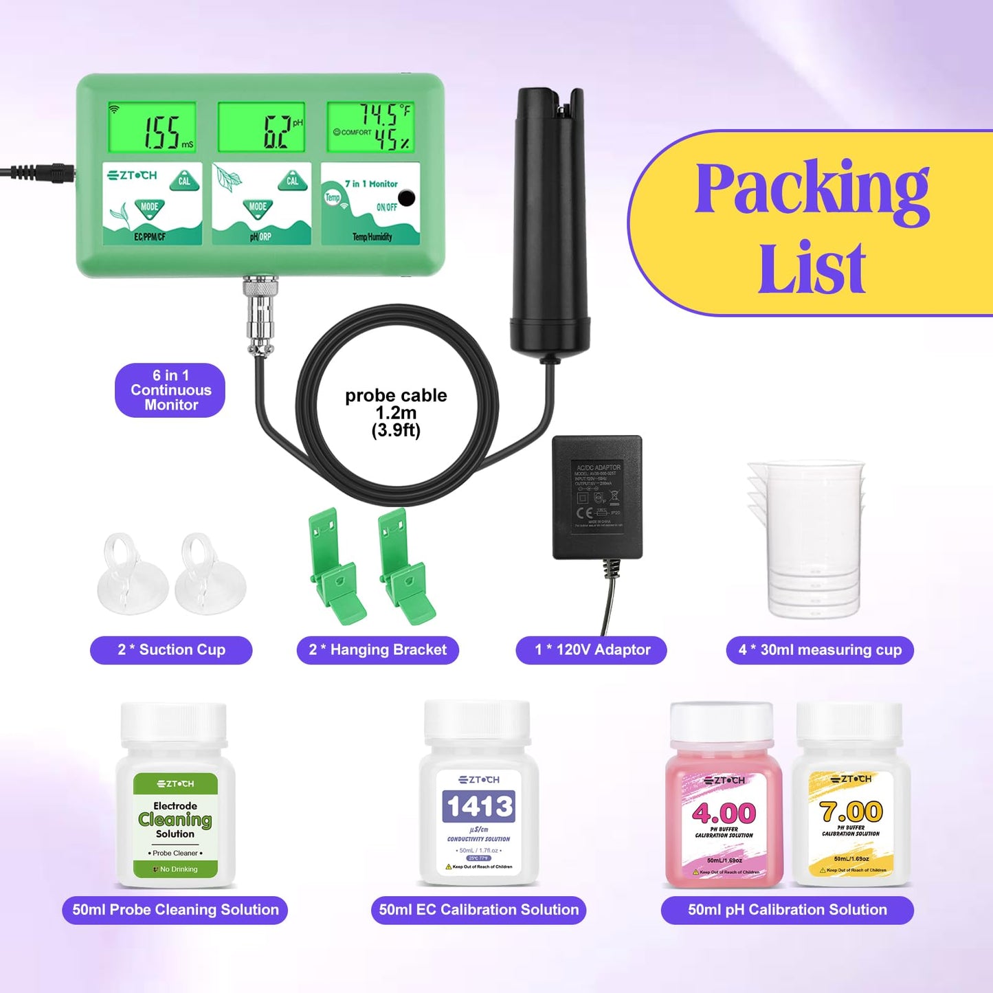 EZTOCH pH Monitor Hydroponic Continuous 7 in 1 EC pH TDS CF ORP Monitor, WiFi Continuous Monitoring pH EC PPM Humidity Temp Meter of Aquaponic, DWC Hydroponic System, Aeroponic Garden