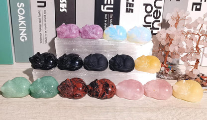 QINJIEJIE Bundle of Amethyst Crystal Tree and Obsidian Cat Statue Natural Reiki Gemstone Tree Life Carved Stone Decors Gift Polished Gemstones Figurine Meditation Gift for Women Men