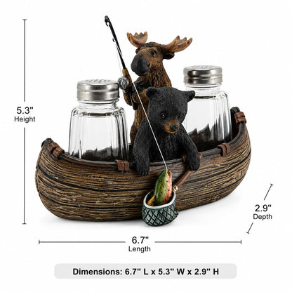 Comfy Hour 6.7" Moose and Bear Fishing in Canoe Salt and Pepper Shaker Duo (Empty Bottle Set Included), Decorative Rustic Lodge Cabin Style Figurine Holder, 1 Unit
