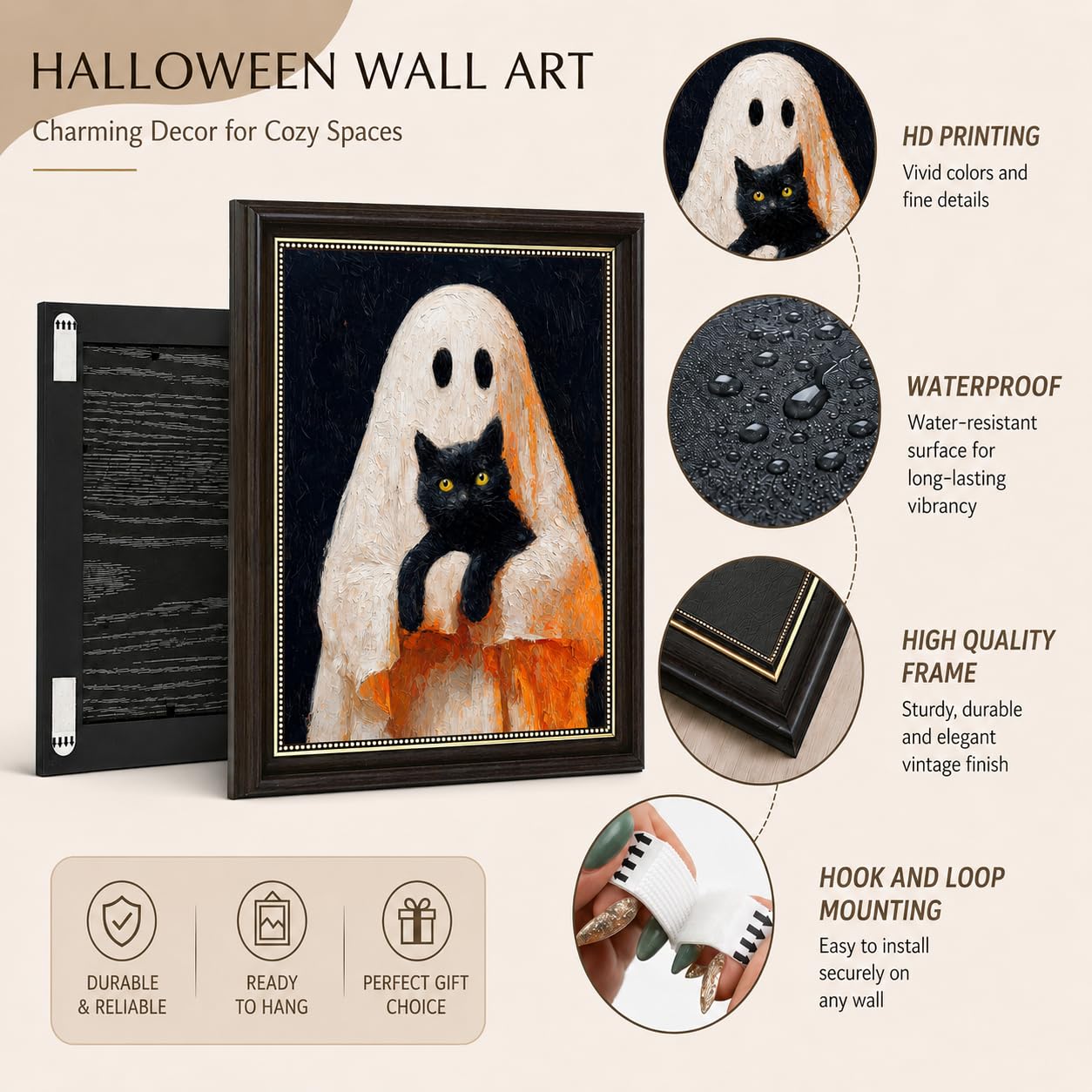Ghost and Black Cat Wall Art 9x11, Dark Brown Framed Canvas Print, Cute Spooky Ghost Holding Cat Picture, Halloween Room Decor for Cat Lovers