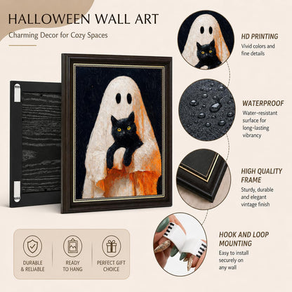 Ghost and Black Cat Wall Art 9x11, Dark Brown Framed Canvas Print, Cute Spooky Ghost Holding Cat Picture, Halloween Room Decor for Cat Lovers