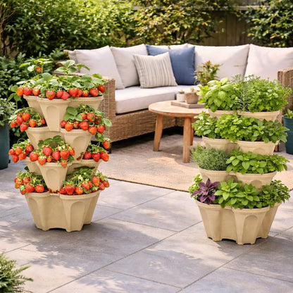 Stackable Vertical Planter Tower, 4 Tier Strawberry Planter,16 Plant Sites, Space Saving Garden Planter for Vegetables & Herbs, Indoor Outdoor, Made in USA (Desert Sand)