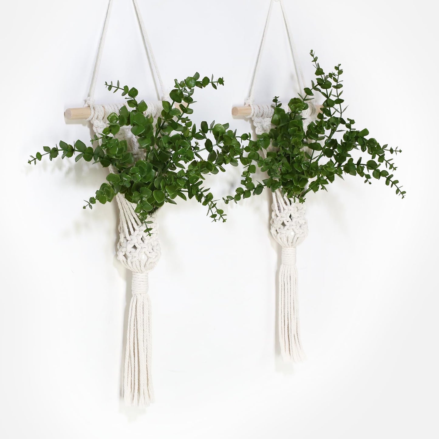 UBOSU Macrame Wall Hanging Plants with LED Lights, White Cotton Rope, Wooden Dowel, Boho Woven Plant Holders with Artificial Eucalyptus Leaves, wall Decor, Set of 2 (Green)