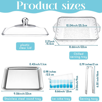 Baderke 1 Set 9" Chilled Serving Tray for Parties with Compartments Ice Chilled Party Platter with Lid Tableware Charcuterie Serving Board for Fresh Food Fruit Seafood Vegetable Appetizer(Silver)