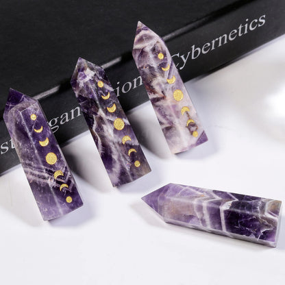 Rockcloud Moon Phase Engraved Crystal Point, Lunar Eclipse Hexagonal Wand Pocket Stone for Reiki Meditation Home Decoration, Amethyst