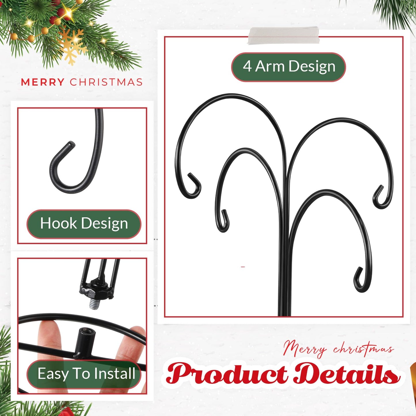 Otoolling 4 Arms Ornament Display Stand Holder 12 Inch Christmas Hanger Hook Dog Cat Glass Ball Bauble for Christmas Wedding Home Office Decoration(Black)