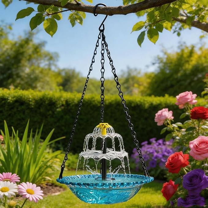 Solar Hanging Bird Bath with Fountain Cascade, Solar Powered Cascade Hanging Bird Bath Fountain with Solars Pump,for Outdoor and Gardens (Red)