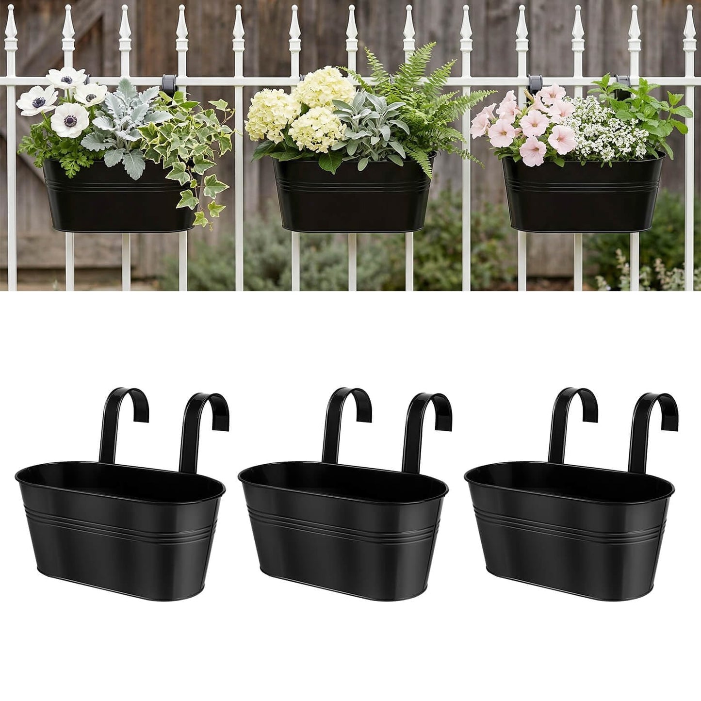Metal Railing Planters for Outdoor Plants - 3 Pcs Balcony Hanging Flower Pots with Detachable Hooks & Drain Holes, Windowsill Oval Hanging Bucket Pots Fence Planters for Garden Home Decor, Black