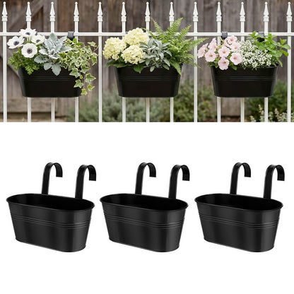 Metal Railing Planters for Outdoor Plants - 3 Pcs Balcony Hanging Flower Pots with Detachable Hooks & Drain Holes, Windowsill Oval Hanging Bucket Pots Fence Planters for Garden Home Decor, Black