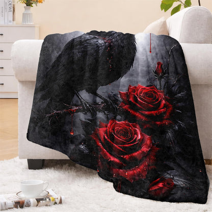 cromcu Raven Gothic Flannel Throw Blanket, 50x60in, Soft Warm Cozy Blankets with Black Raven and Red Rose, Gothic Gifts for Women Crow Lovers, Halloween Home Decor Dorm Office Travel Camping
