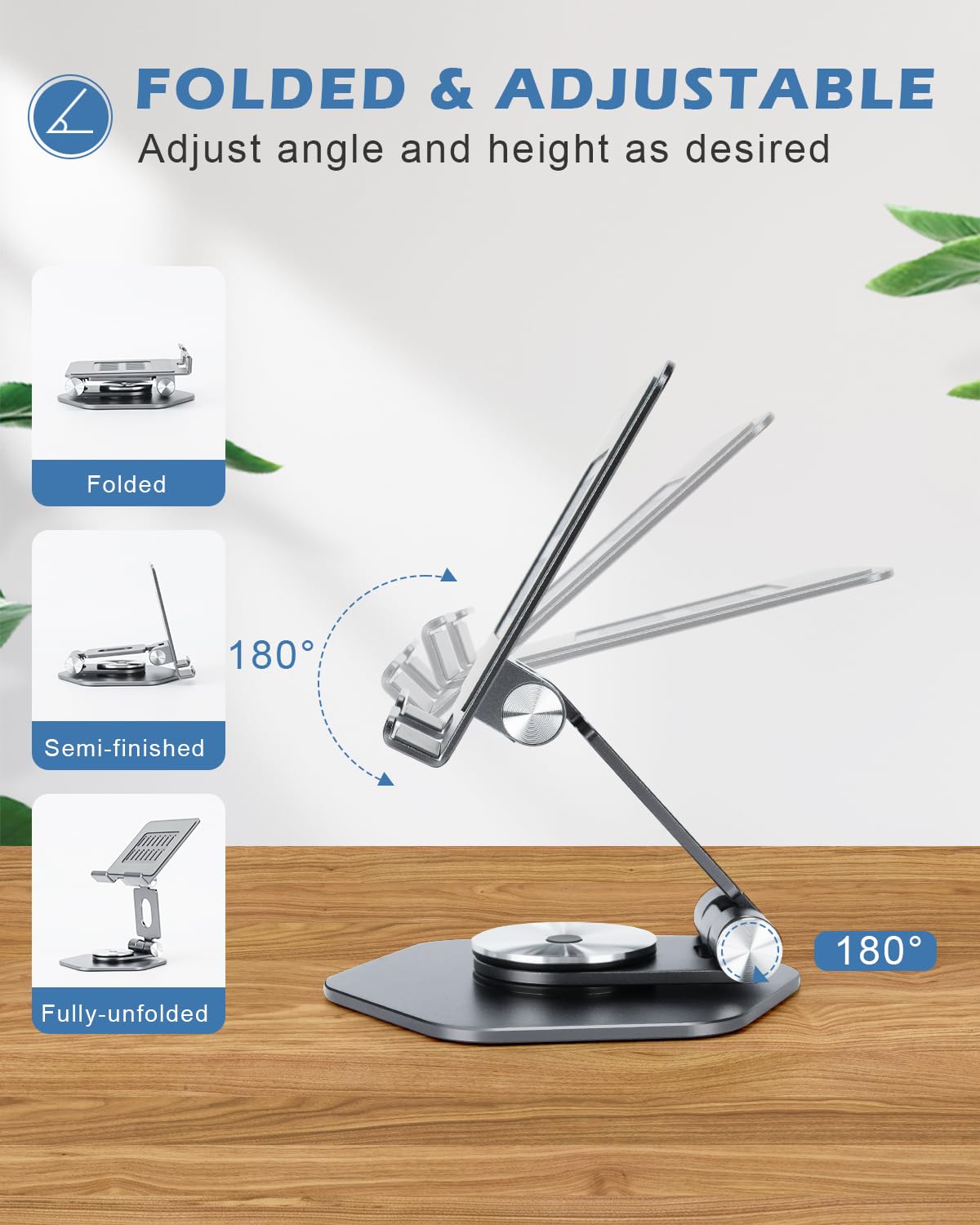 SOJUNER Aluminum Tablet Stand for Desk, 360° Swivel iPad & Tablet Holder – Thickened Material & Foldable Desktop Mount for 5–12.9in Devices, Grey
