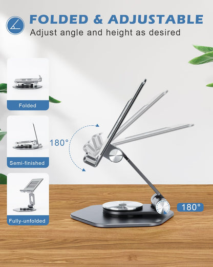 SOJUNER Aluminum Tablet Stand for Desk, 360° Swivel iPad & Tablet Holder – Thickened Material & Foldable Desktop Mount for 5–12.9in Devices, Grey