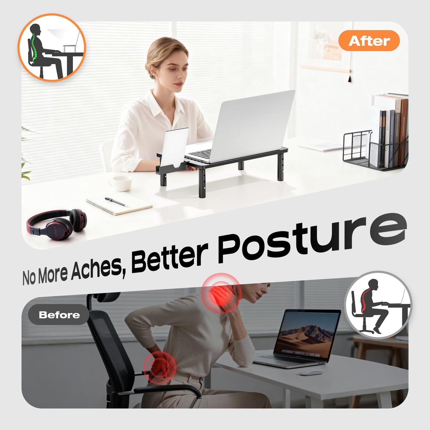 Canyora Computer Monitor Stand Riser for Desk, 3 Height Adjustable PC Laptop TV Desktop Monitor Stand Shelf, Metal Printer Table with Phone Holder, Stand Riser for Desk, Office Desk Organizers and Accessories, 2 Pack