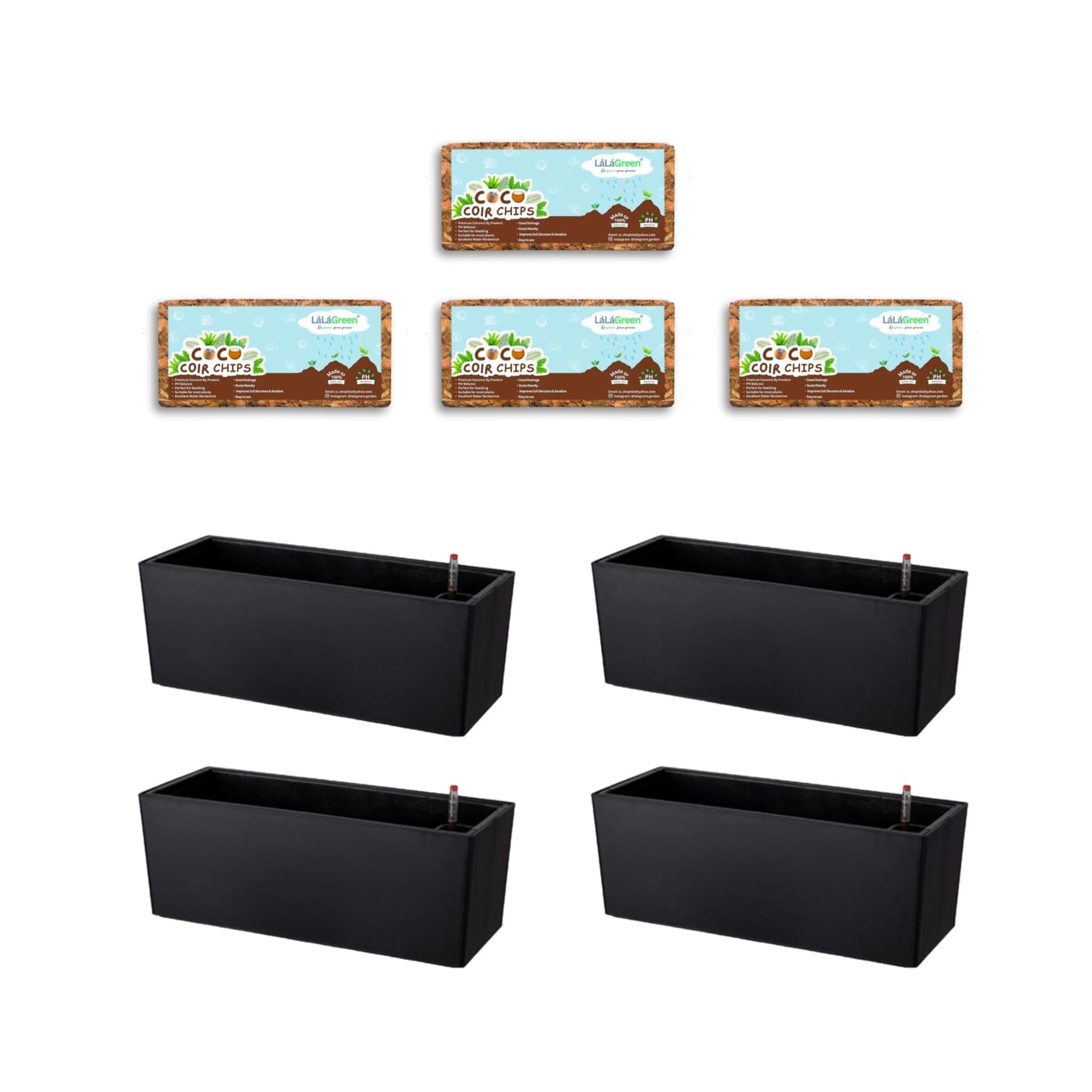 LaLaGreen Bundle- 4 Pack, 500g Coco Coir Chips + 4 Pack, 20 Inch Self Watering Plastic Pot with Bracket Hanging Balcony Plant Box Outdoor Planting Soil Compressed Fiber Husk Vegetable Seedling Garden