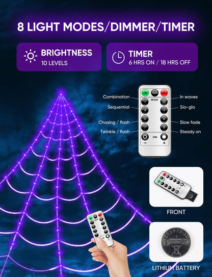 Spider Webs Halloween Decorations Lights - 250 LEDs 16.4Ft Outdoor Battery Operated String Purple Halloween Lights with 8 Modes Remote Control Spiderweb,47" Large Spider,Waterproof (Purple)