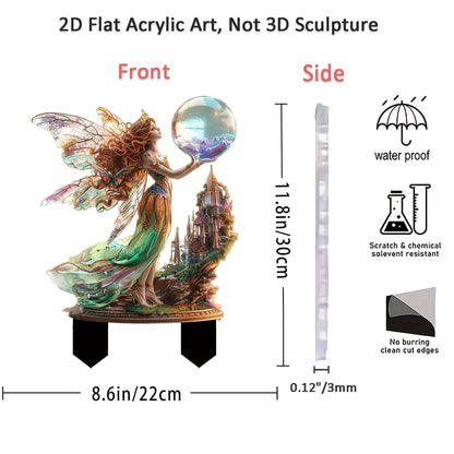 ANNUOZE Fairy Garden Stake Decor, 2D Flat Acrylic Fairy Garden Decor Panel, Elf Yard Sign for Outdoor Indoor Yard Lawn Plants Pots, Fairy Garden Accessories (Fairy with Crystal Ball)