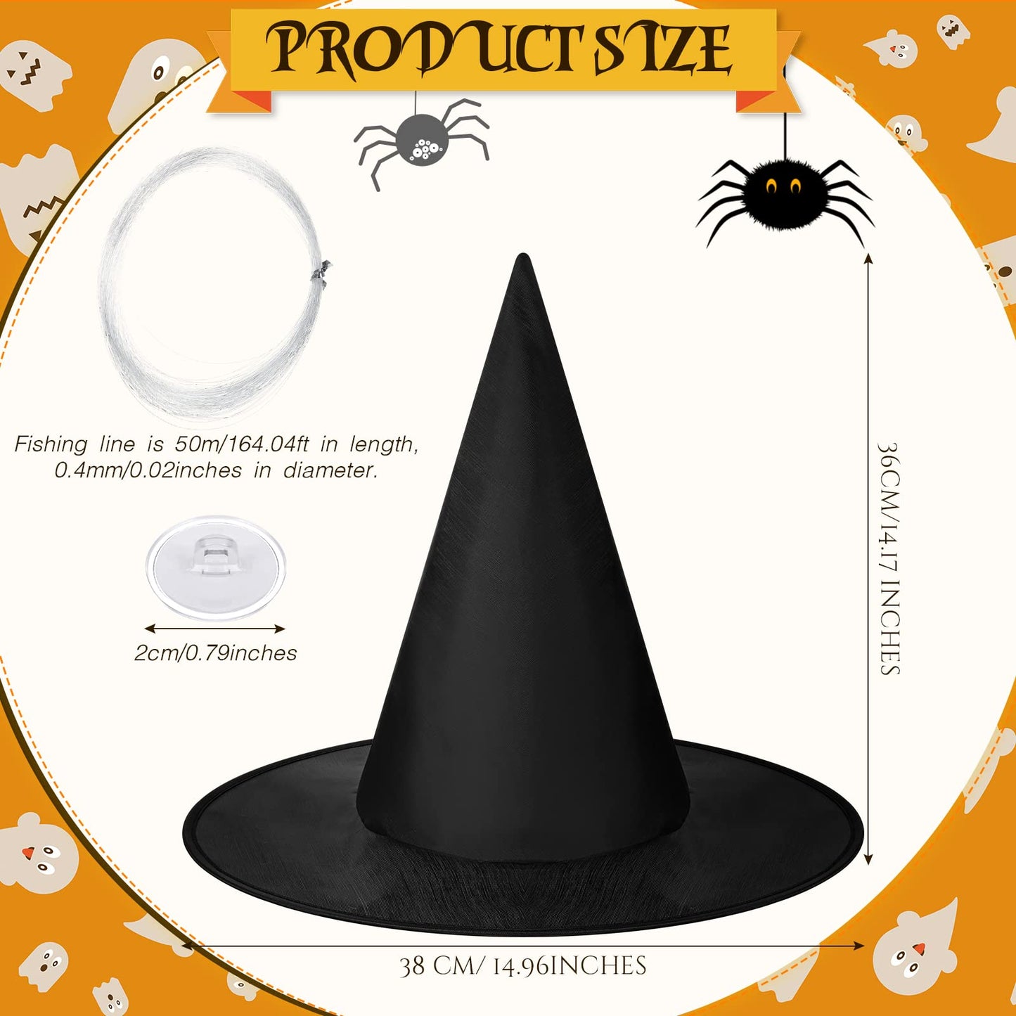 SATINIOR 12 Pcs Halloween Witch Hat Hanging Decor Floating Witch Hat with Rope Accessory and Transparent Seamless Hooks (Classic)
