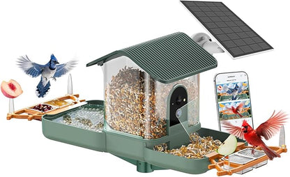 Dual-Lens Bird Feeder with Camera & Bird Bath Combo, Watch Birds Eat & Bathe with WiFi 2K HD Video, Auto Record, AI Recognition, APP Alerts, Solar Powered, for Backyard Garden Porch Fence Decor