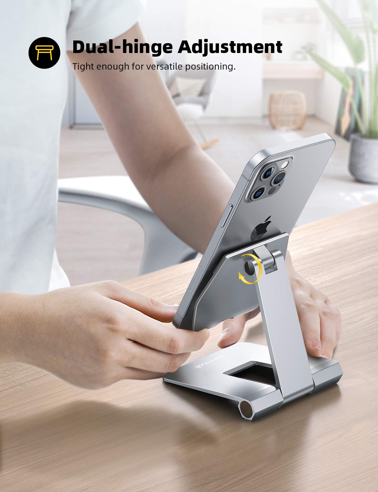 Lamicall Aluminum Metal Adjustable Cell Phone Stand Desk - Heavy Duty Metal Foldable Desktop Phone Holder, Cradle, Dock, for iPhone 16 15 14, Plus, Pro, Pro Max, 13 12 X XS,4-11'' Phone Sliver