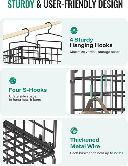 Hanging Closet Organizer, 4 Tier Metal Closet Organizers and Storage with 4 Hanging Hooks 4 S-Hooks for Wardrobe Laundry Room, Wire Storage Shelf for Clothes Sweaters Pants (Black)