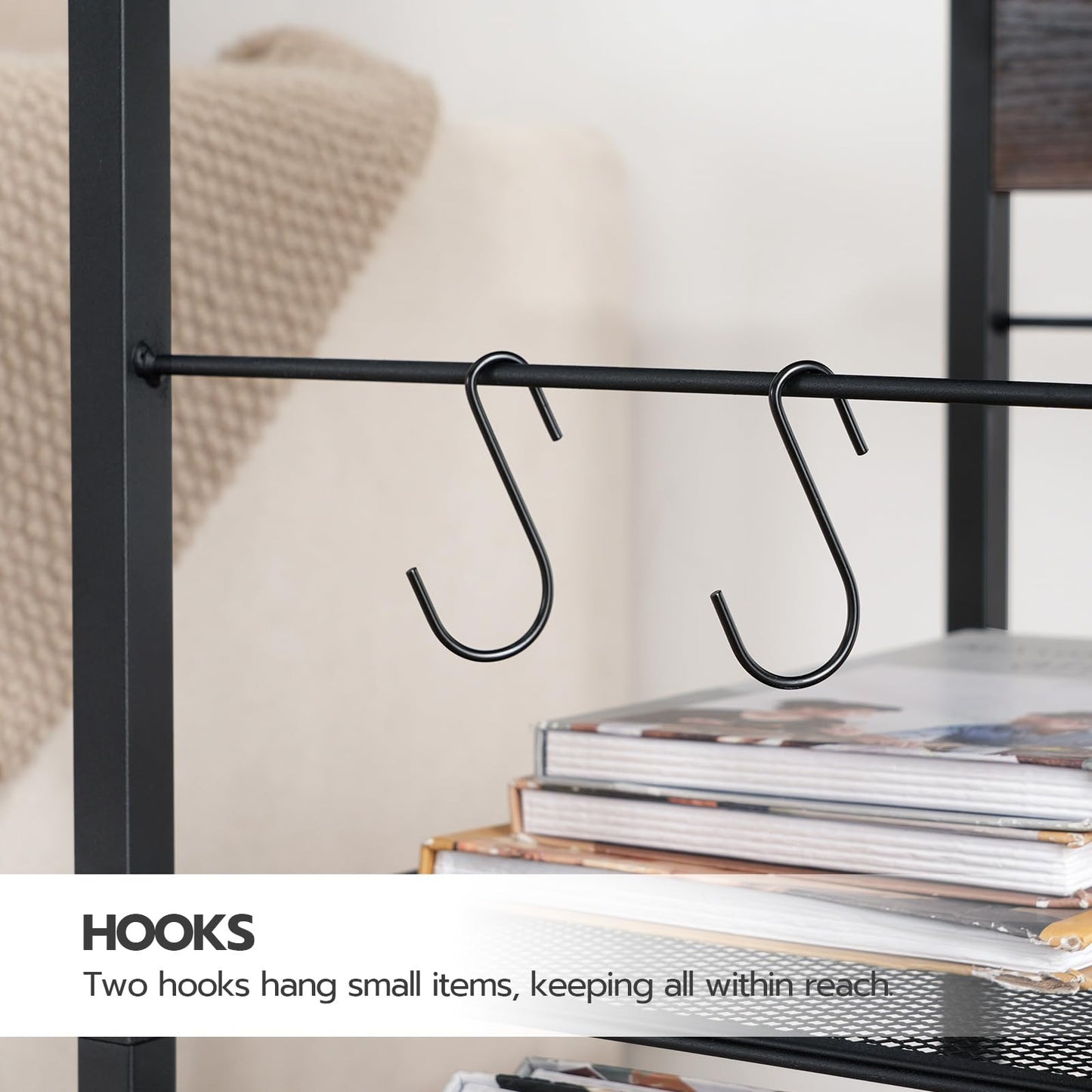HOOBRO Industrial Printer Stand, 3-Tier Mobile Printer Table, Rolling Cart with Power Outlets and USB Ports, Home Printer Stand with 2 Hooks, for Office, Living Room, Black BB22UPS01