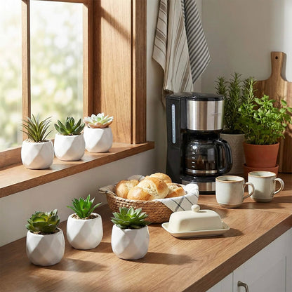 MyGift Mini Assorted Green Faux Succulent, Indoor Fake Plants in Geometric Ceramic Pots, Set of 6