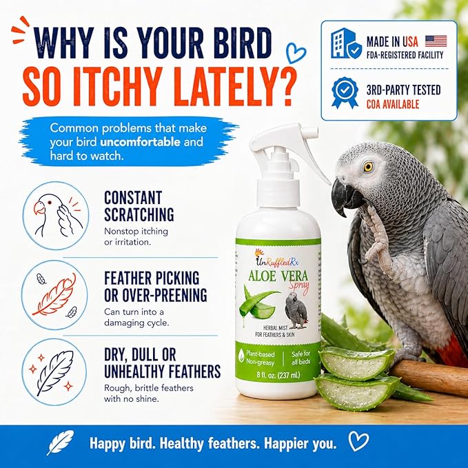 UnRuffledRx Aloe Vera Bird Spray for All Birds – Soothes Itchy Skin & Feather Plucking – 8oz Odor-Free Mist, Safe if Ingested, Daily Use Bird Mist, Softens Feathers, Natural Formula – Made in USA