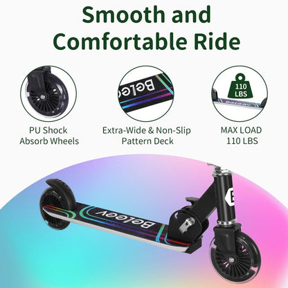 BELEEV Scooters for Kids Ages 3-12 with Light-Up Wheels & Stem & Deck, 2 Wheel Folding Scooter for Girls Boys, 3 Adjustable Height, Non-Slip Pattern Deck, Kick Scooter for Children (Black)