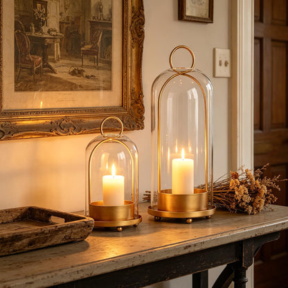 5"&4" Hurricane Glass Candle Holder Set - Metal Frame with Glass Chimney, Hanging Brass Metal Candle Holder, Pillar Candle Lantern for Wedding Party Holiday Dining Table Mantel Home Decor