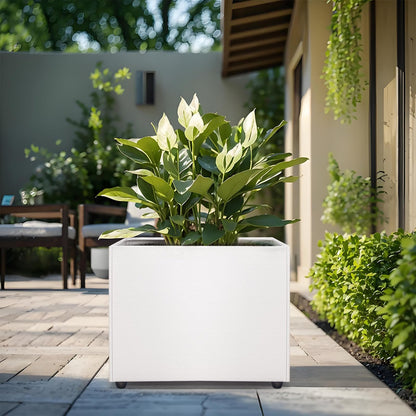 Zezgeuro Planter Box Rectangular Block - 16×12×12IN Galvanized Steel Metal Long Box Planter Easy Installation Modern Outdoor Tall Planters All-Weather Use with Drainage Holes for Patio/Porch(White)