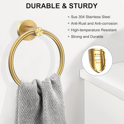 SetSail Towel Holder Screw-in Gold Towel Ring for Bathroom Wall Stainless Steel Hand Towel Holder for Bathroom, Kitchen Drill Hole
