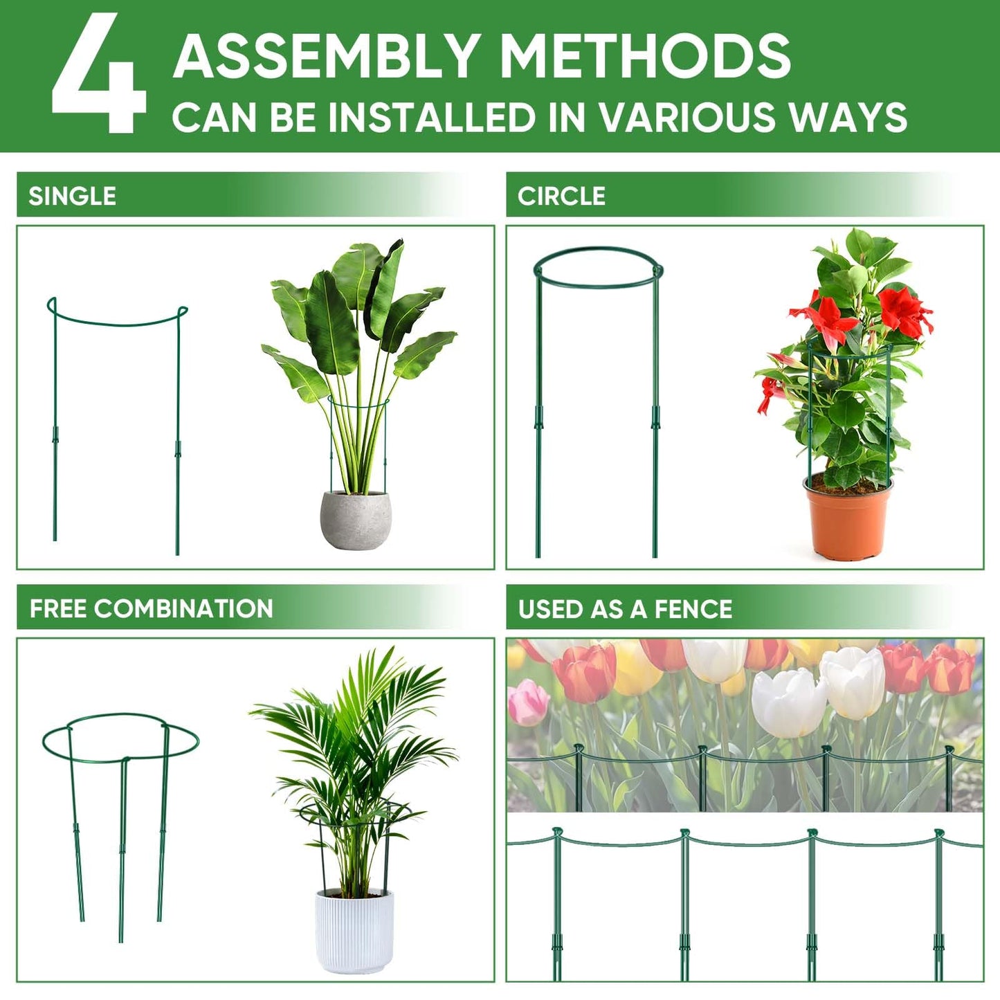 8 Pack 32 or 16 inch Adjustable Plant Support Stakes, Heavy-Duty Half Round Peony Support, Garden Plant Stakes Cage for Outdoor Plants, Peony, Tomato, Hydrangea, (16In Support +16In Extension Tubes)