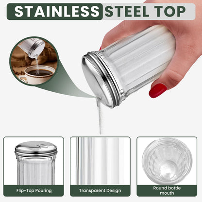 Great Credentials Retro Style Sugar Dispenser Pourer Shaker, Glass Jar with Stainless Steel Flap Lid, 12 oz, Set of 2